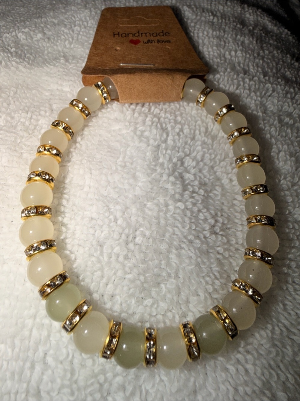 Cream and Light Green Beaded Stretch Bracelet with Gold Accents